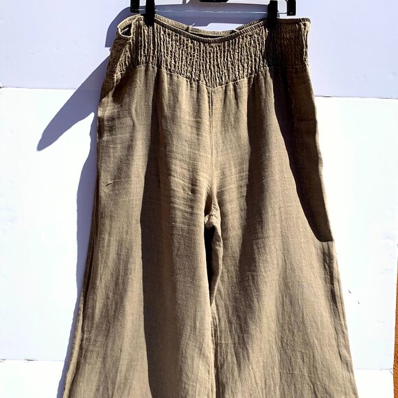 VTG Women’s Elastic Smocked Waist 100% Linen Wide Leg Pants, Taupe, Large - Picture 2 of 9